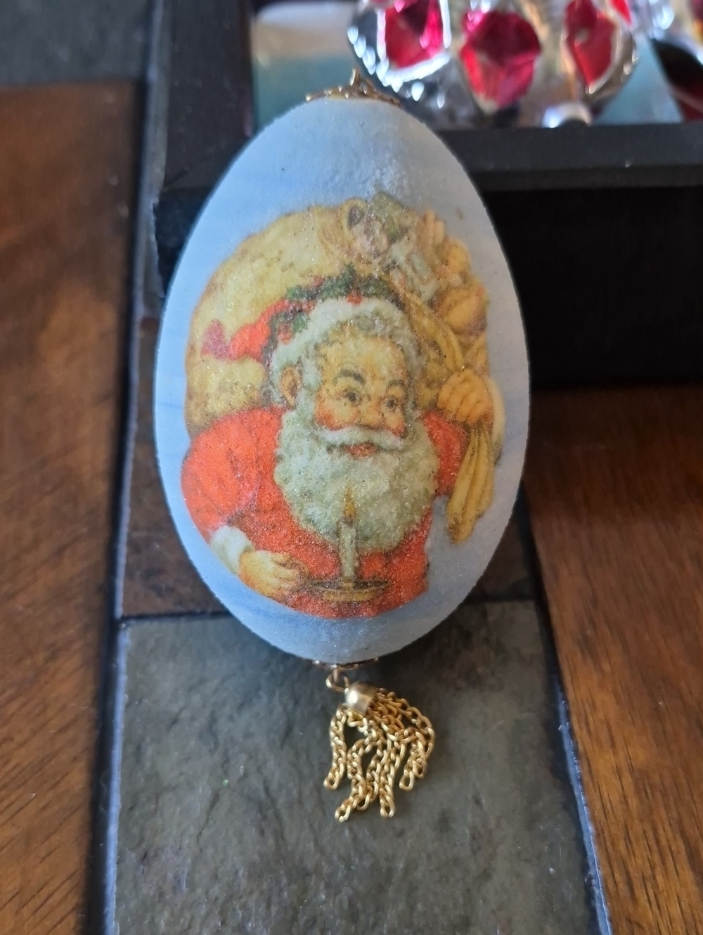 Blue Velvet Egg Ornament with Santa and Gold Tassel By KellyEggArtistry